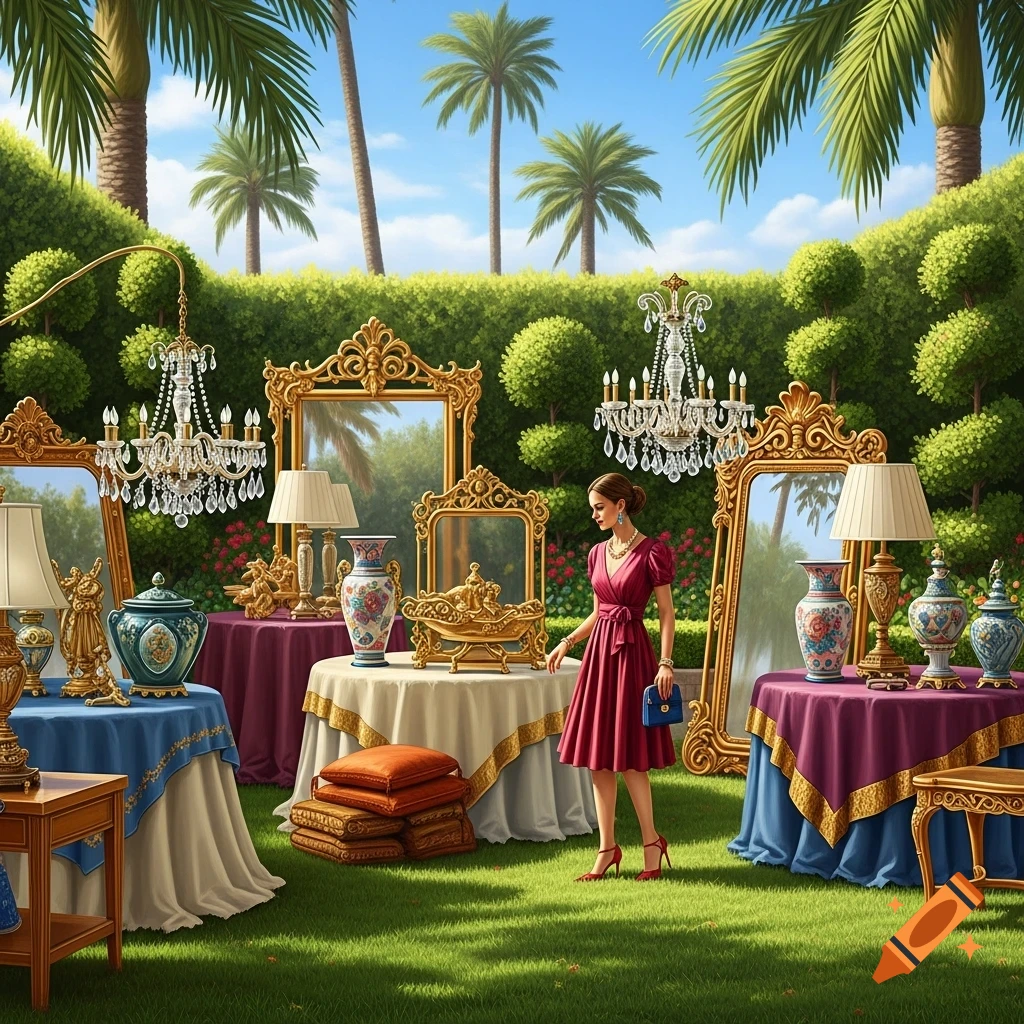 A woman in a red dress walks through an outdoor estate sale featuring ornate chandeliers, gold-framed mirrors, and antique vases on draped tables in a lush garden with palm trees.