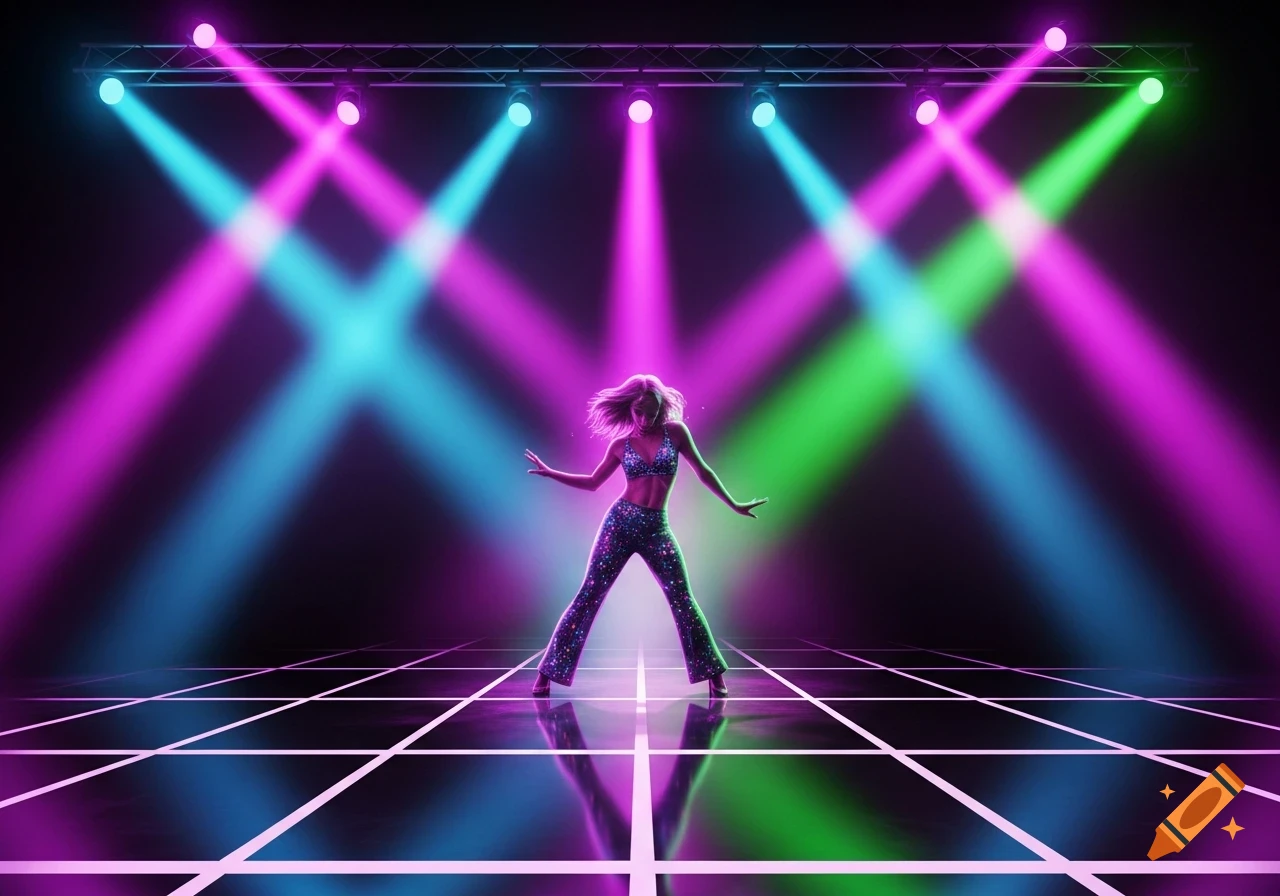 A female disco dancer in a sparkly outfit strikes a pose on a reflective stage under vibrant neon pink, blue, and green spotlights.