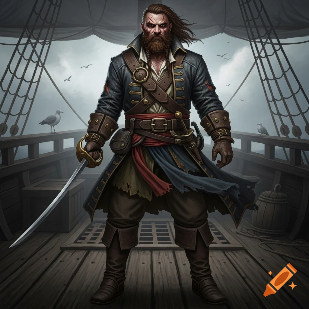 A brutal, bearded pirate captain with scars, holding a sword, stands on a ship's deck in a realistic illustration.