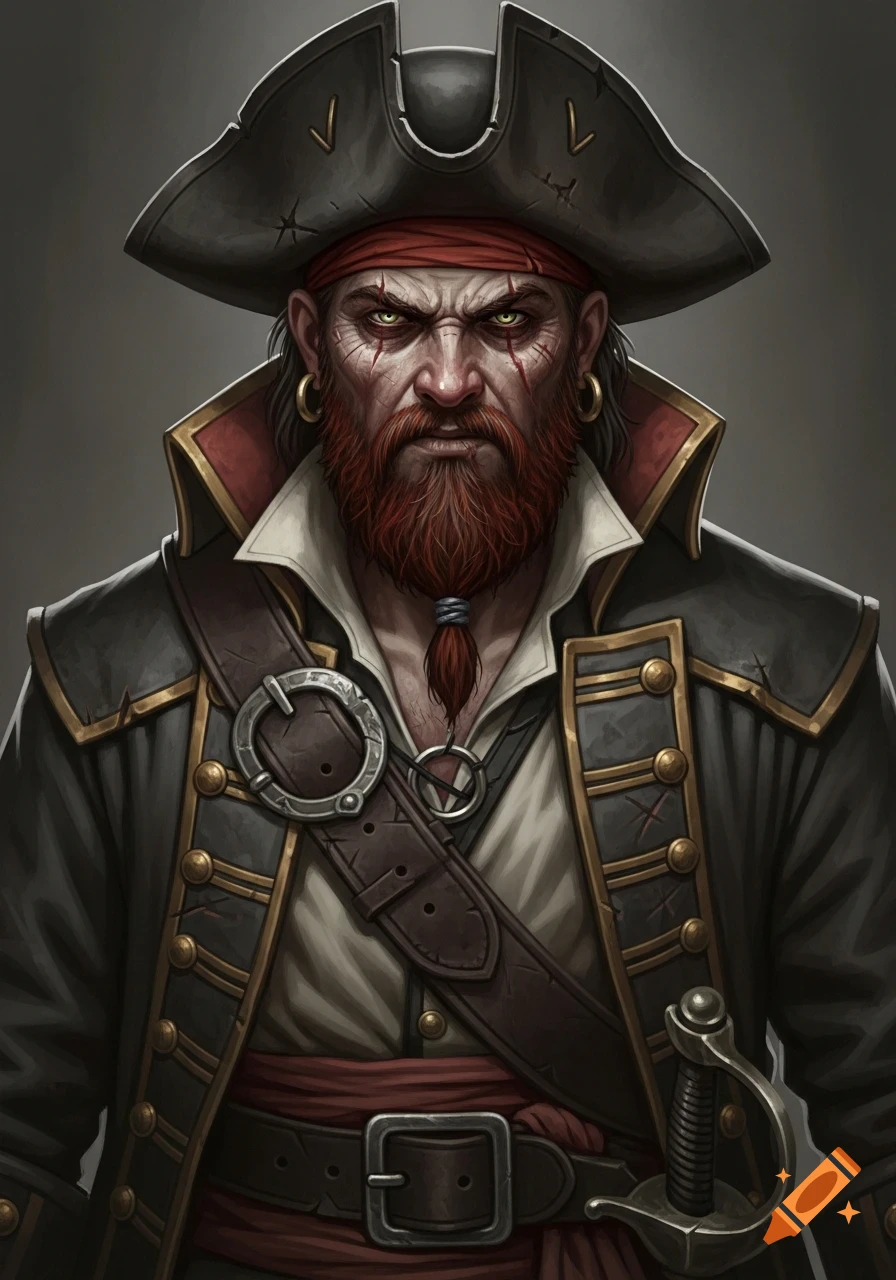 A realistic portrait of a fierce pirate captain with a red beard, scars, and a tricorn hat, wearing a dark coat and holding a saber.