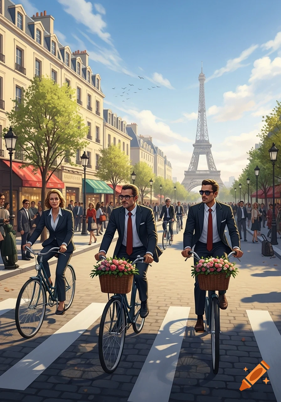 Three people in business suits ride bicycles with flower baskets through a Parisian street with the Eiffel Tower in the background.