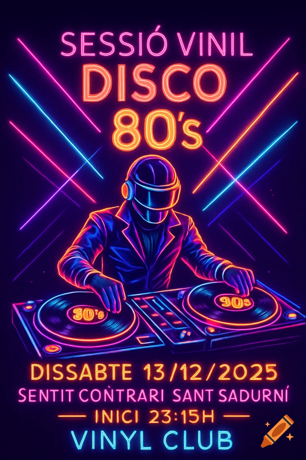A vibrant neon 80s retro dance event poster featuring a stylized DJ with glowing vinyl records and bright text.