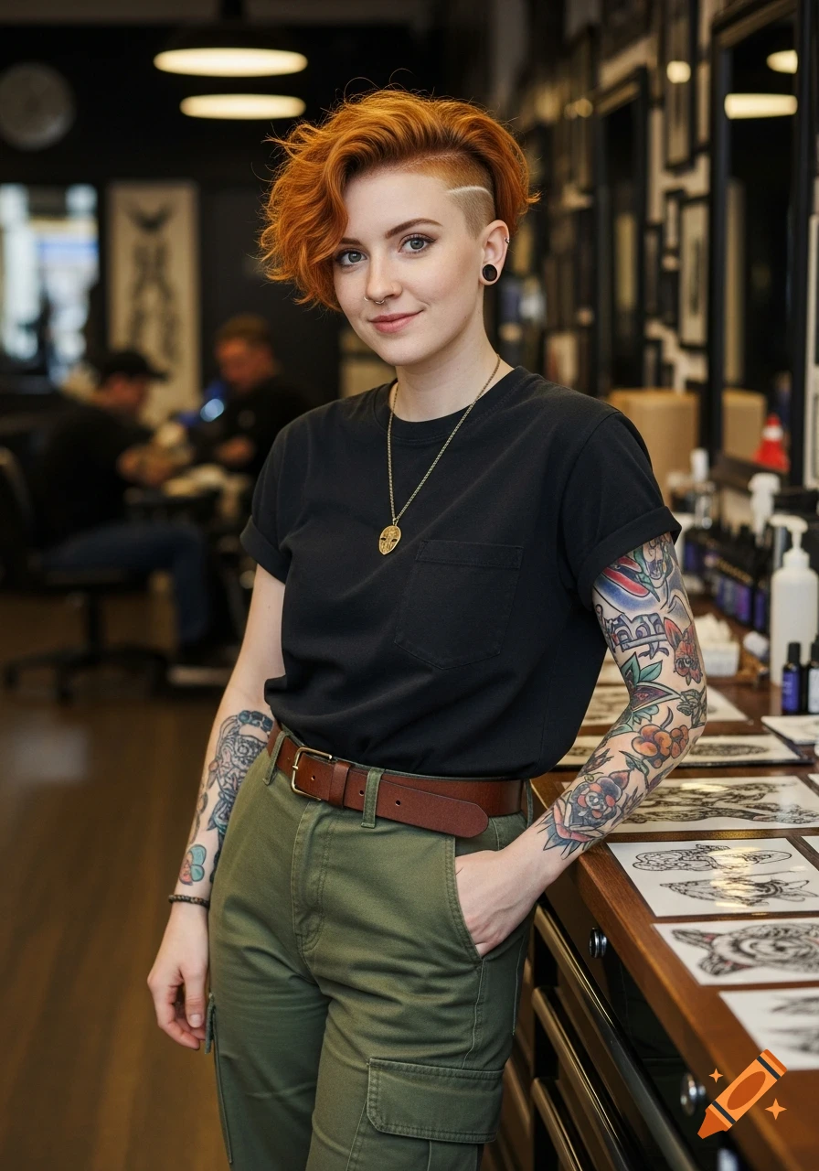 A smiling woman with ginger pixie cut and tattooed arms in a black t-shirt and cargo pants in a tattoo shop.