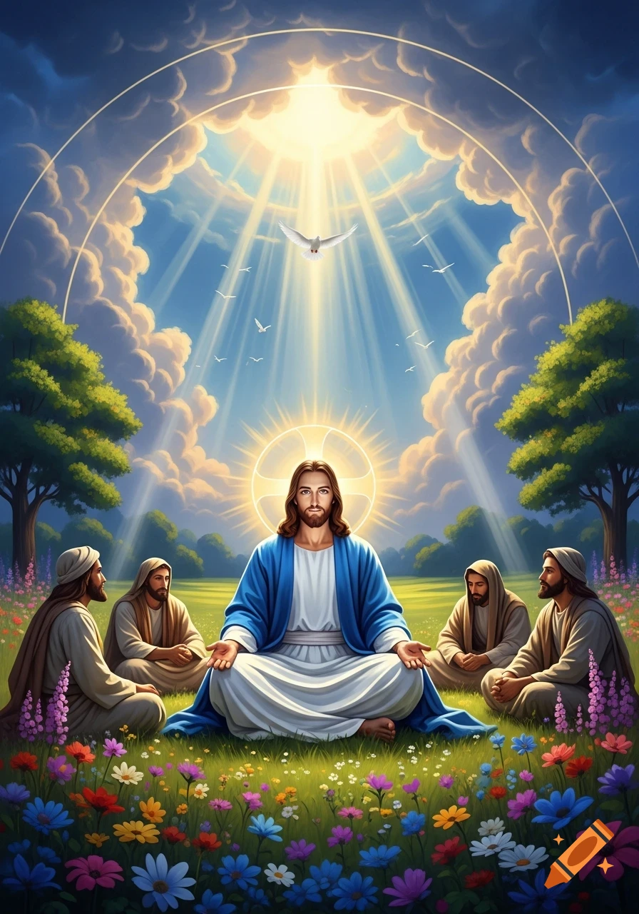 Jesus sits meditating with disciples in a vibrant, flower-filled meadow under a radiant sky with doves.