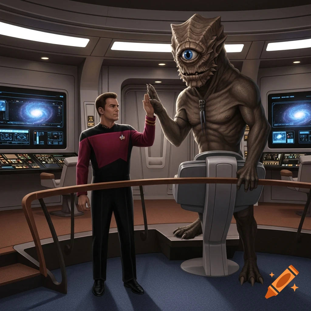 Commander Riker high-fives a one-eyed cyclops alien on a Star Trek spaceship bridge.