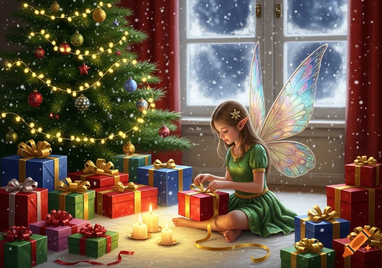 A cute fairy in a green dress sits on a snowy floor, wrapping a red Christmas present by a decorated tree and window.