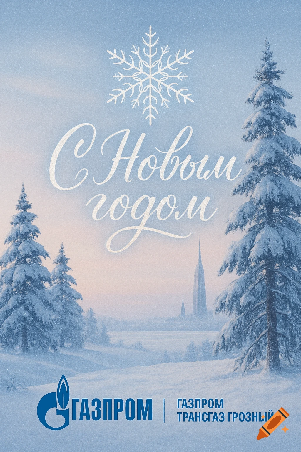 A snowy winter landscape with fir trees, distant buildings, a snowflake, and Russian text 'Happy New Year' and 'Gazprom'.
