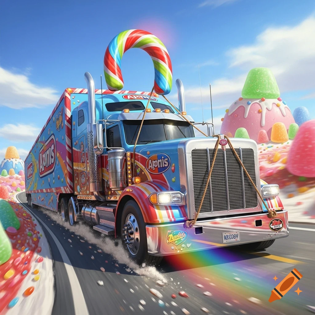 A vibrant, candy-themed semi-truck with a giant candy cane drives on a road made of sweets under a blue sky, leaving a rainbow trail.