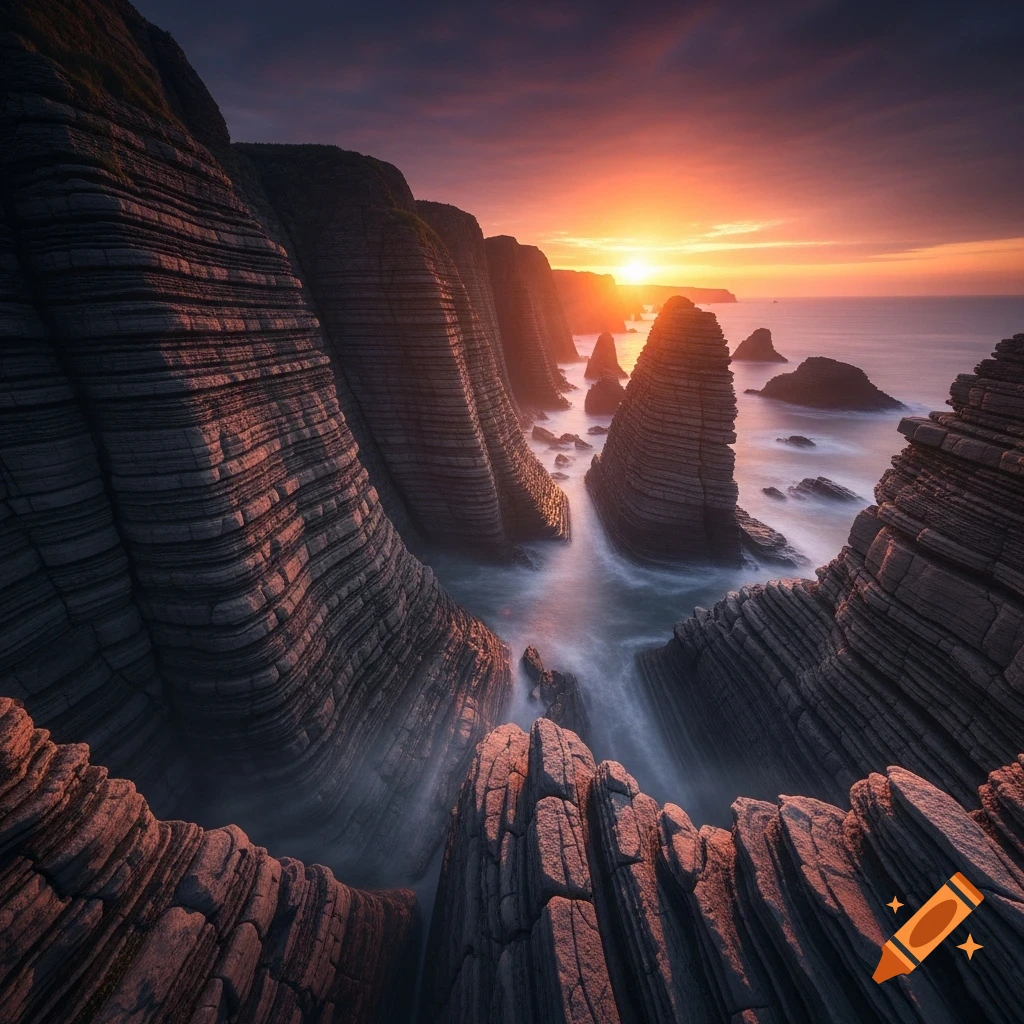 A dramatic landscape featuring layered rock formations along the coastline at sunset, with a golden sun on the horizon and misty waves.