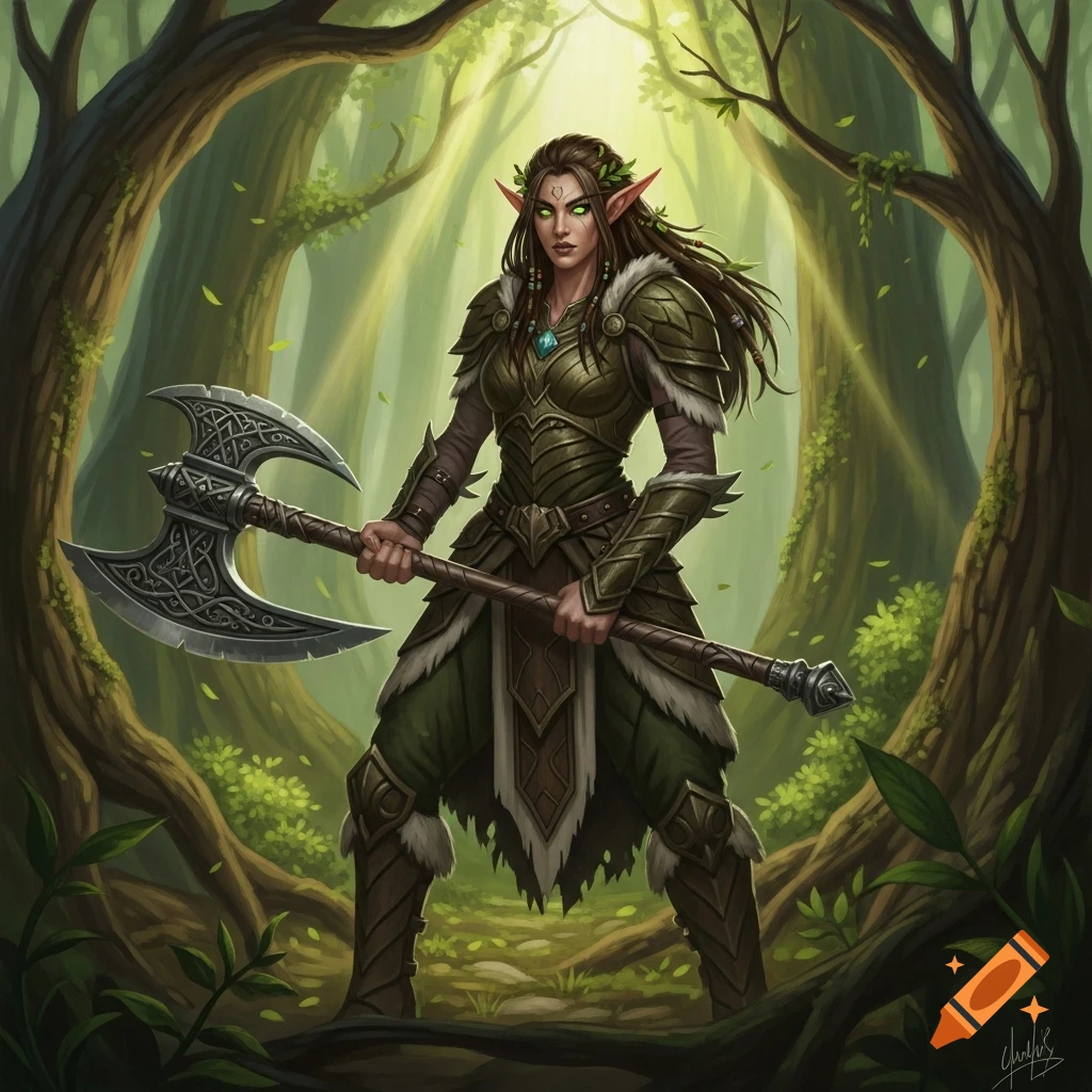A female wood elf warrior in green hide armor stands in an enchanted forest, holding a large greataxe. Fantasy digital art.