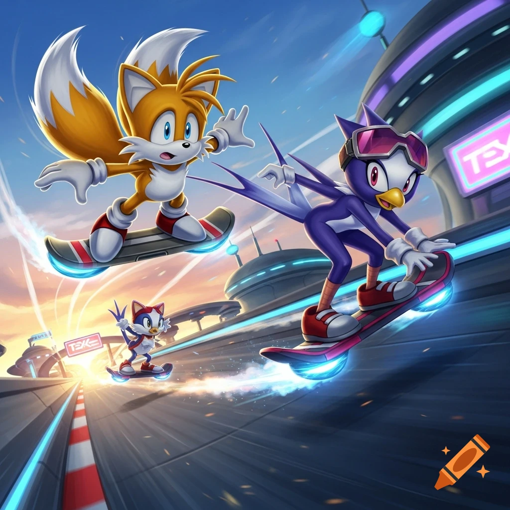 Tails and Wave the Swallow race on hoverboards with another character on a futuristic track at sunset.