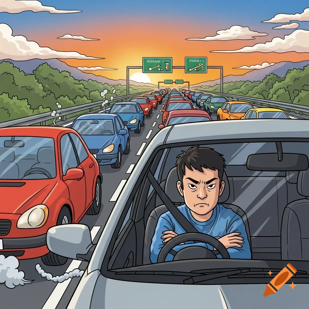 Cartoon of an annoyed man in a silver car stuck in a highway traffic jam at sunset, with mountains in the background.