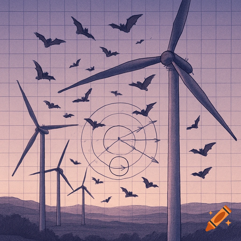 Illustrated scientific image of bats flying near wind turbines at dusk, overlaid with a grid and diagram.