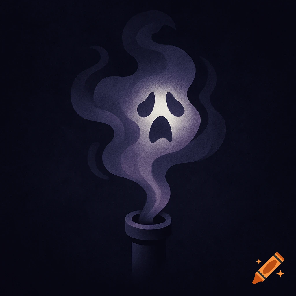 Stylized purple and white ghost with a scared face emerging from a dark gray pipe on a dark background.
