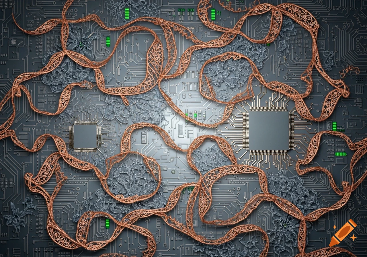 Intricate copper lace patterns weave across a detailed slate grey circuit board with green lights and chips.