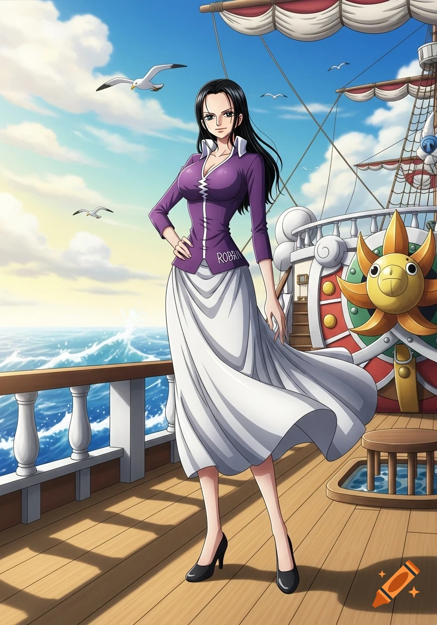 Nico Robin from One Piece stands on a ship deck overlooking the ocean in an anime style.