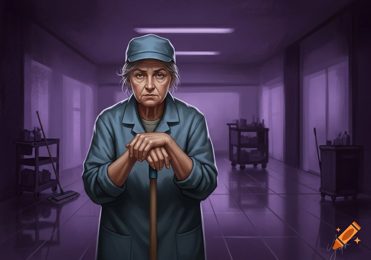 A tired older janitor woman in a blue uniform leans on a mop in a purple-lit hallway, stylized illustration.