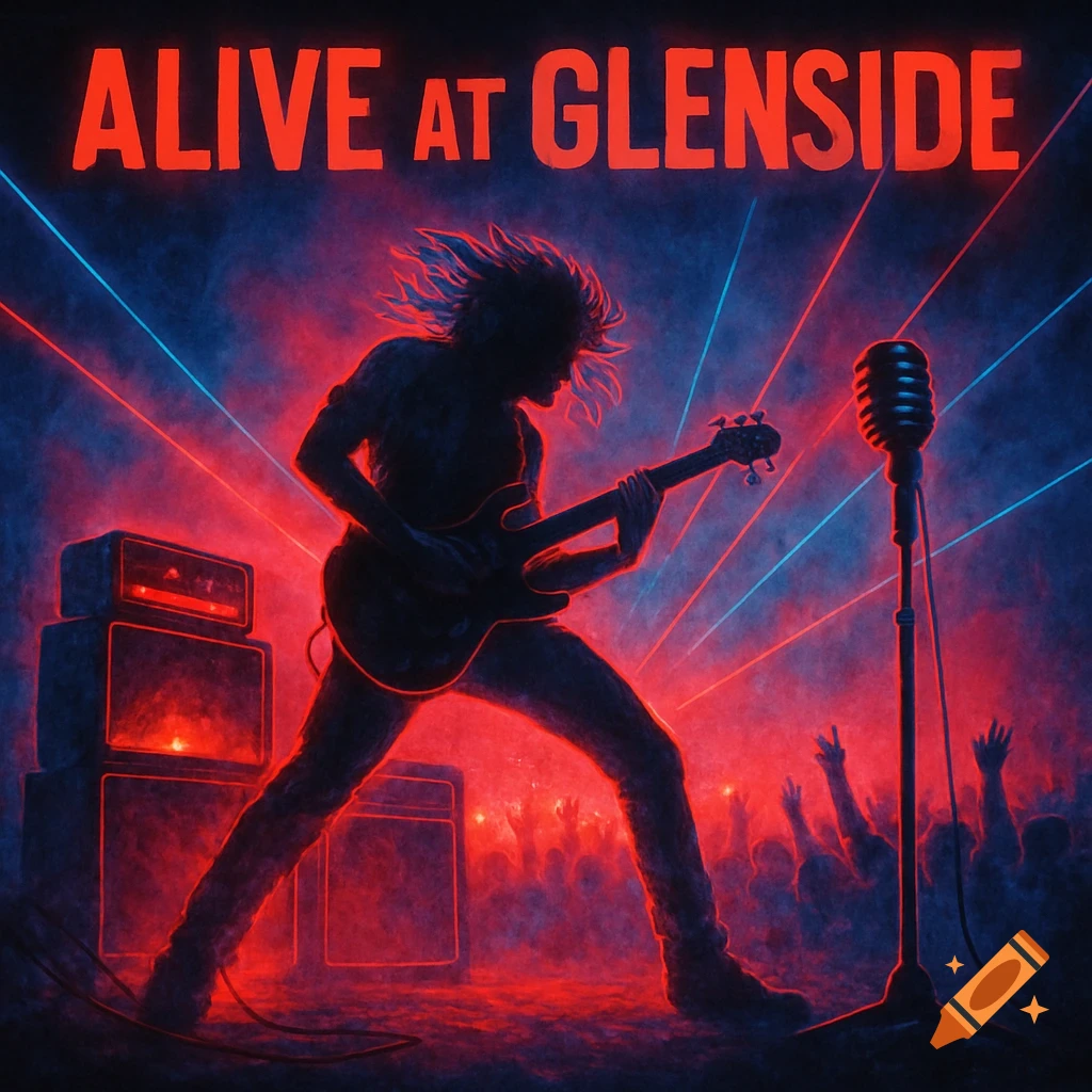 Stylized rock album cover featuring a musician's silhouette playing guitar on stage under red and blue neon lights, with text 'ALIVE AT GLENSIDE'.