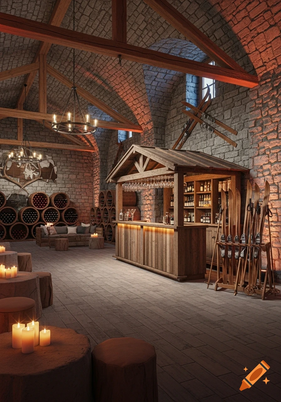 A cozy, vaulted stone cellar transformed into an Alpine-style bar with a wooden pop-up bar, wine barrels, chandeliers, and candles.
