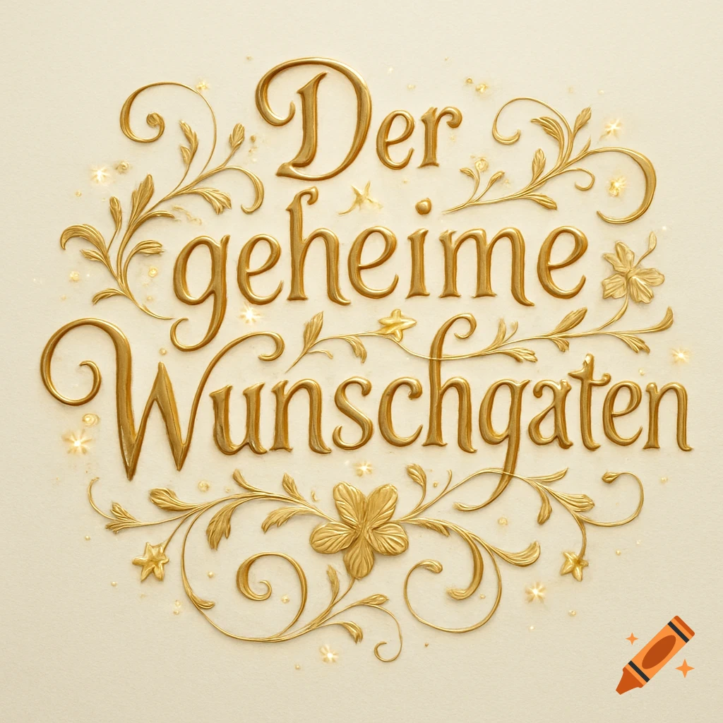 Ornate golden embossed text reading "Der geheime Wunschgarten" surrounded by delicate golden floral scrollwork and sparkling particles on a light background.