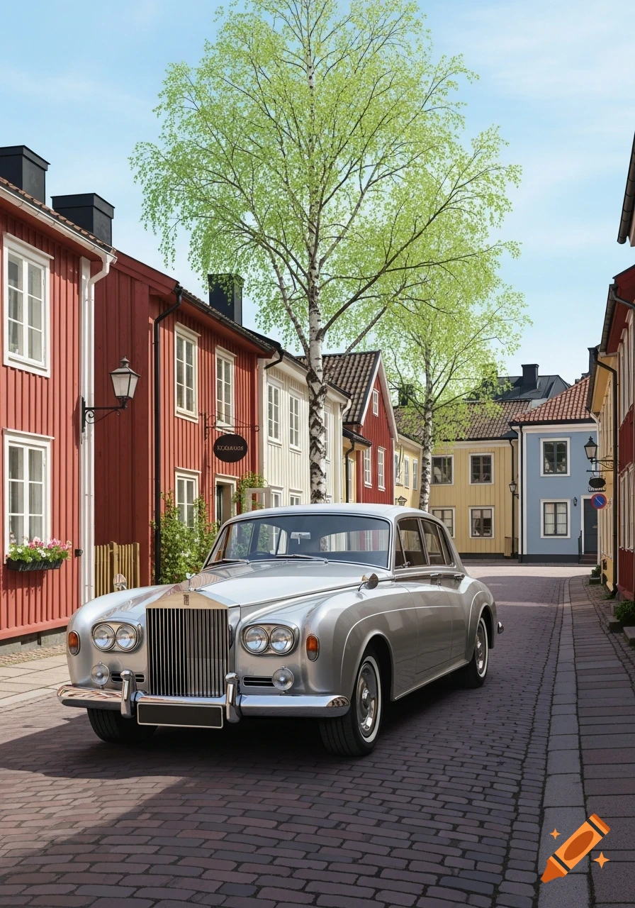 A silver Rolls Royce classic car parked on a cobblestone street lined with colorful traditional buildings and green trees.