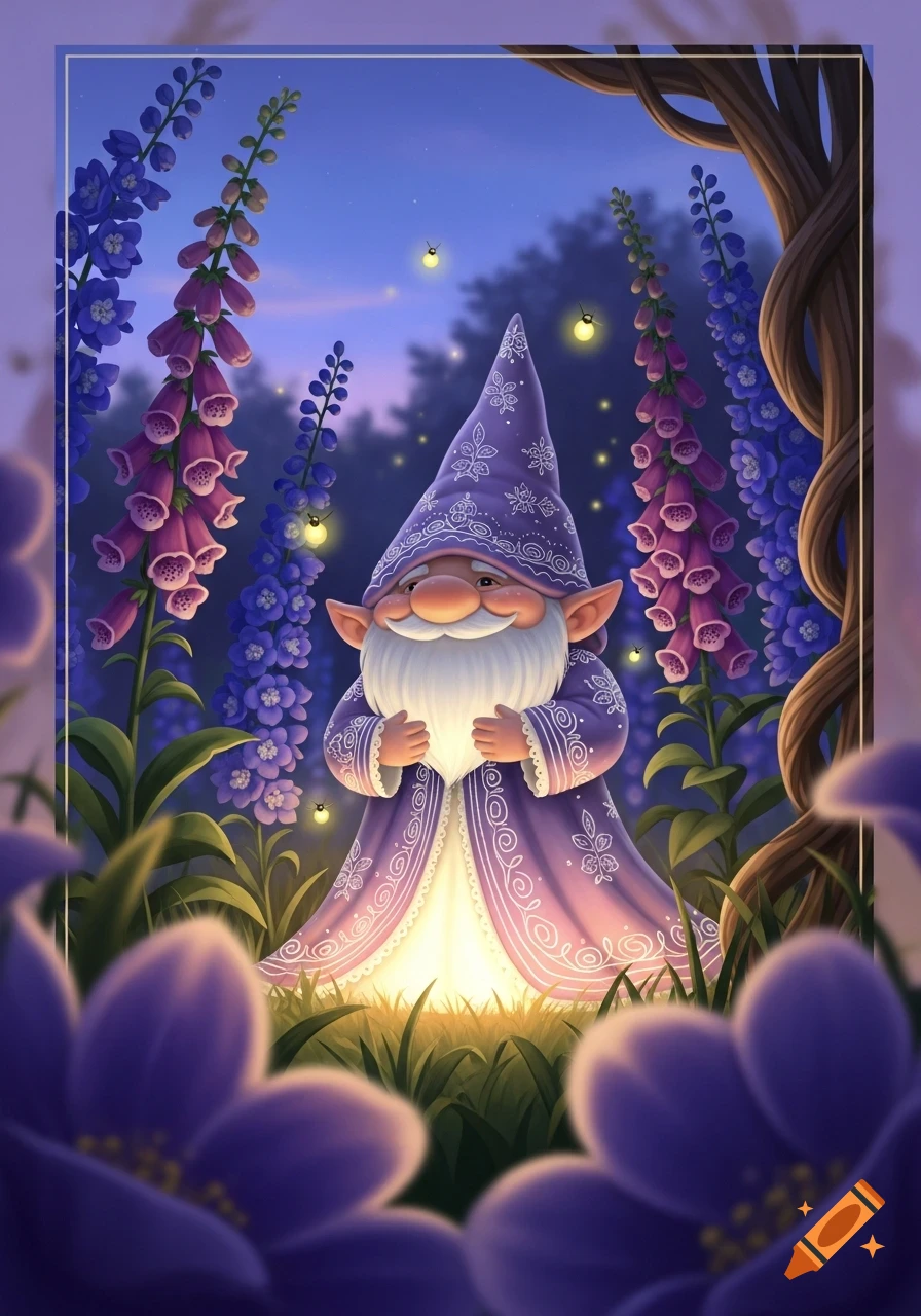 A cute gnome with a purple pointed hat and long robe stands in a magical night forest with tall purple flowers and glowing fireflies.