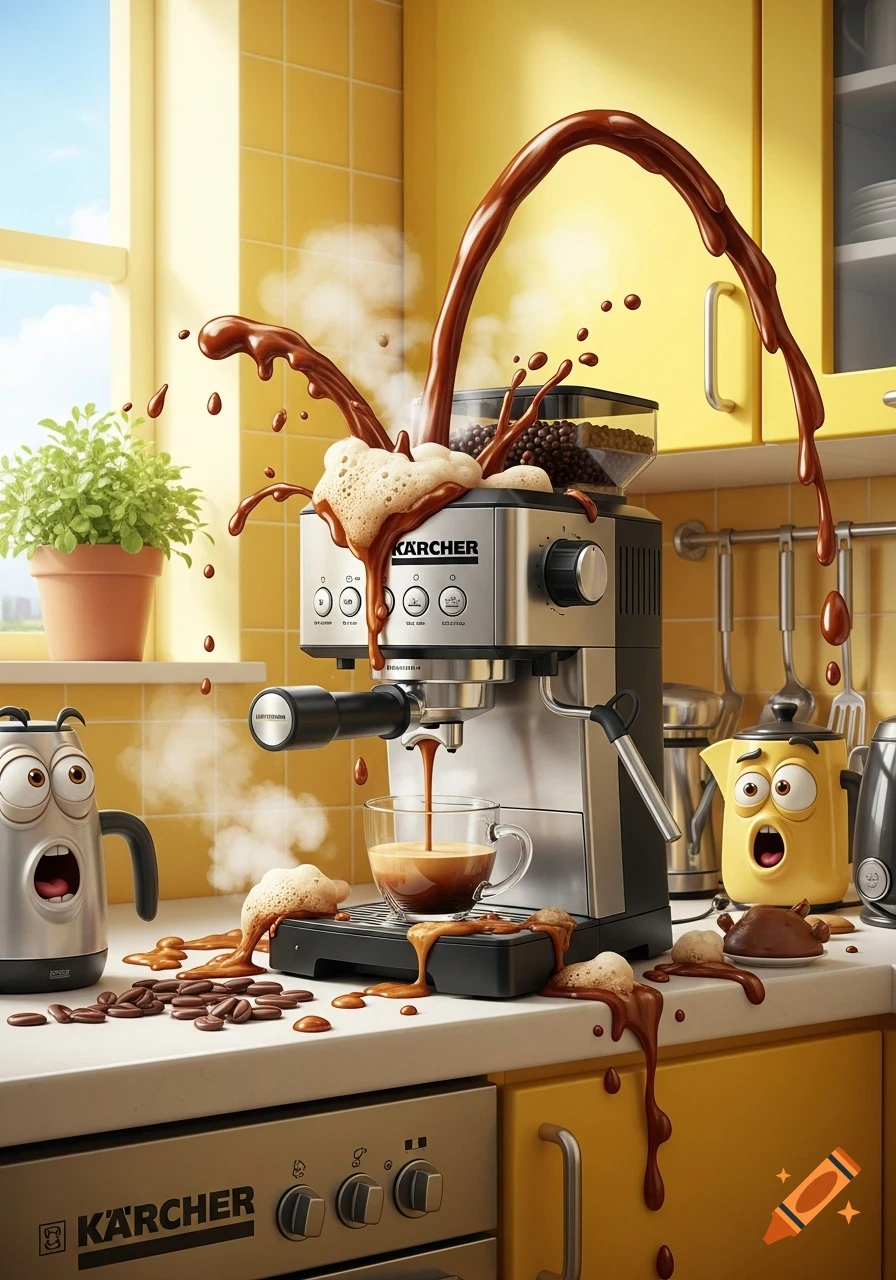 A cartoon Kärcher coffee machine explodes with coffee and foam in a yellow kitchen, while shocked appliances look on.