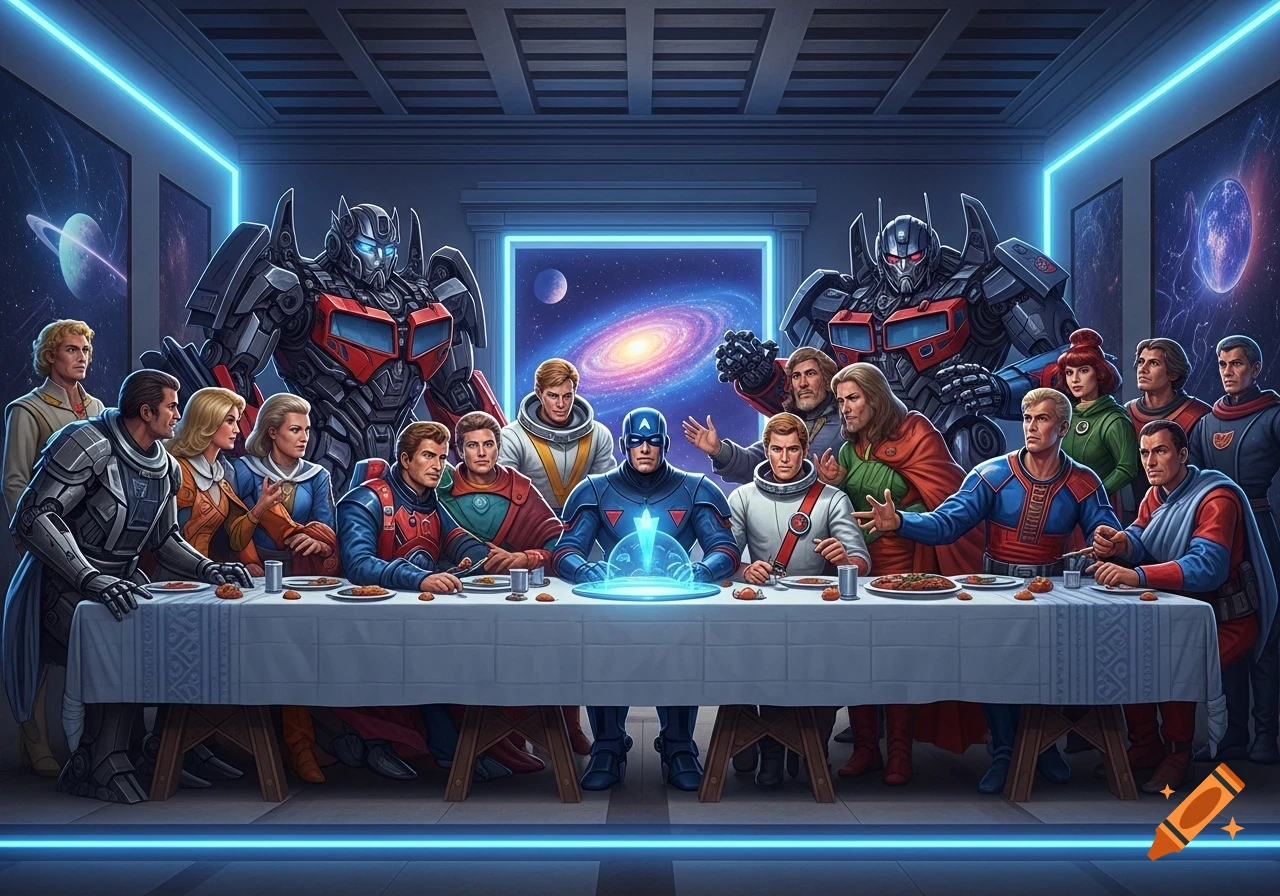 Sci-fi heroes and Transformers parodying The Last Supper around a table in a futuristic room with cosmic art on the walls.
