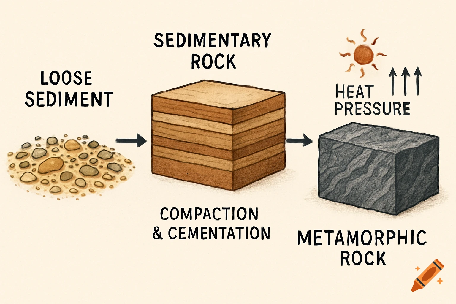 A hand-drawn diagram illustrating the rock cycle: loose sediment turns into sedimentary rock, then metamorphic rock with heat and pressure.