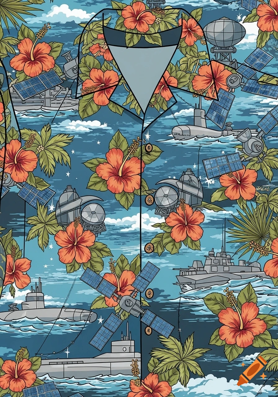 A Hawaiian shirt pattern features orange hibiscus flowers, palm leaves, military submarines, destroyers, radar domes, and space satellites against a blue sky.