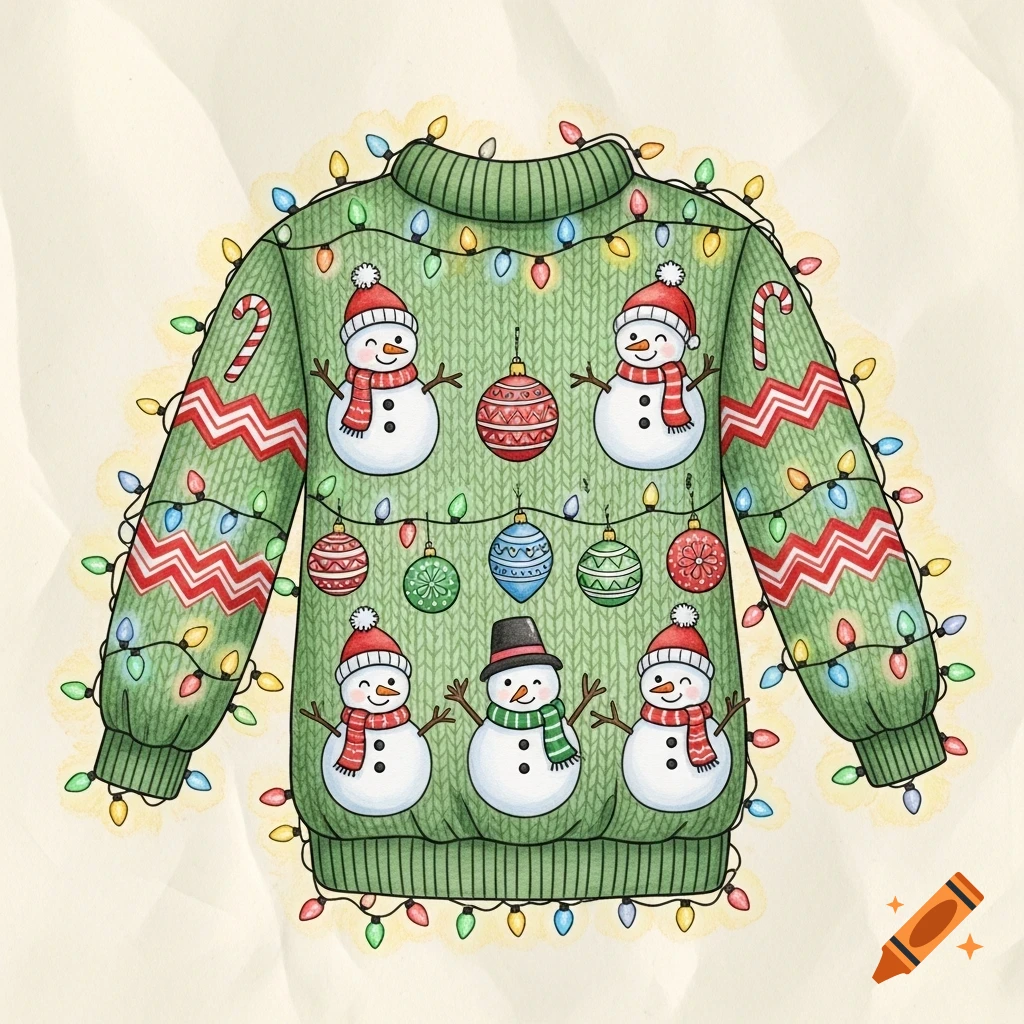 Drawing of a green Christmas sweater adorned with snowmen, colorful ornaments, candy canes, and string lights.