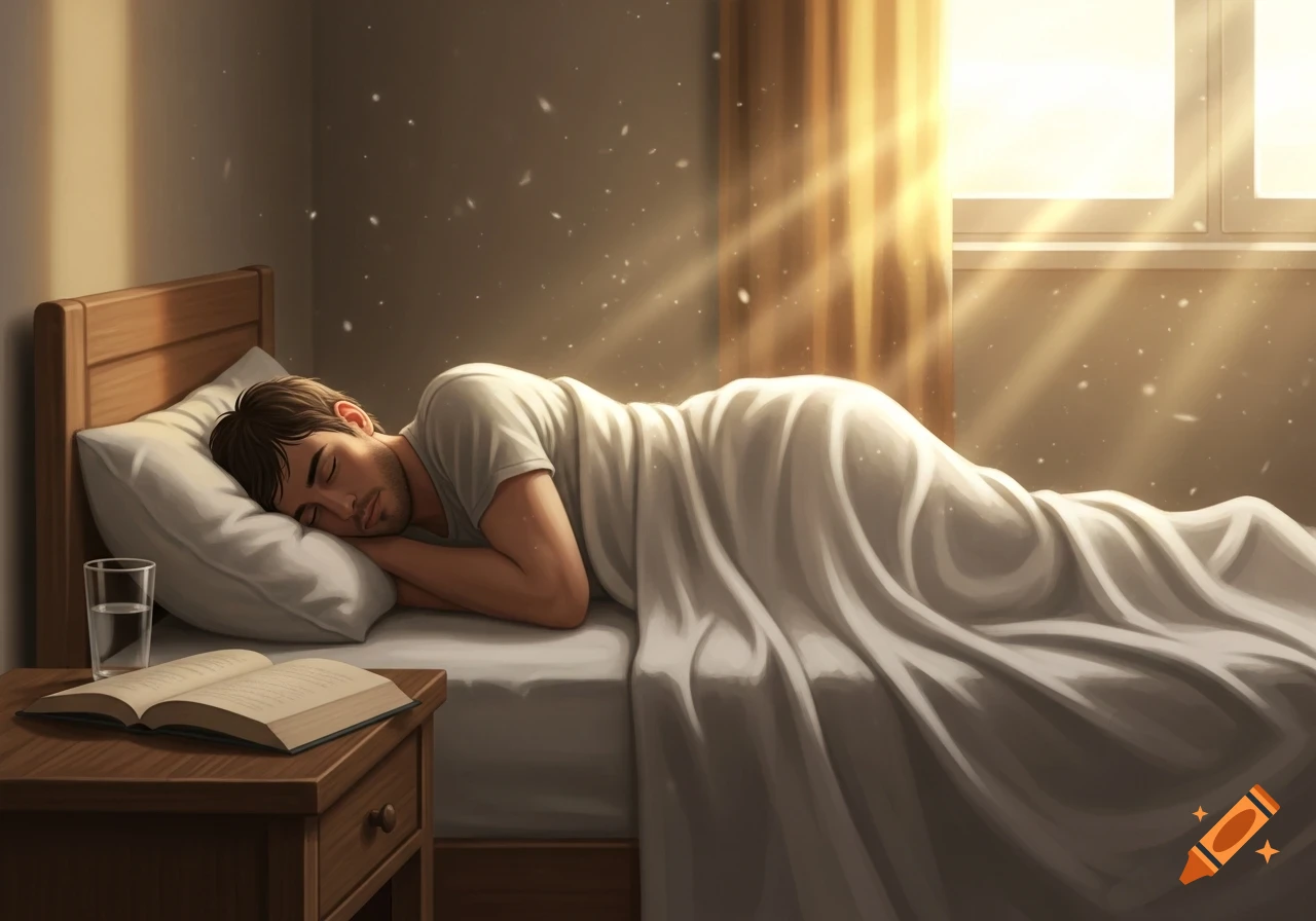 A man sleeps peacefully in bed as golden sunlight streams through a window, illuminating dust motes in the air.