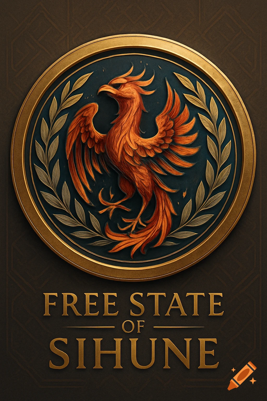 An oval golden insignia featuring an orange phoenix and laurel leaves on a dark background, with 'FREE STATE OF SIHUNE' text.