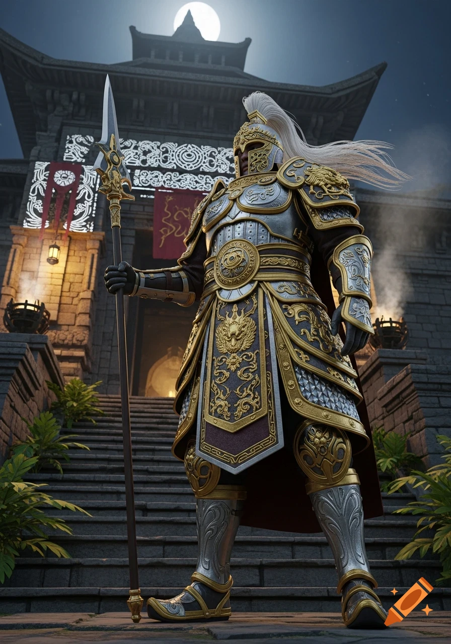 An intricately armored temple guard with a spear stands before a grand temple under a full moon, rendered in a photorealistic style.