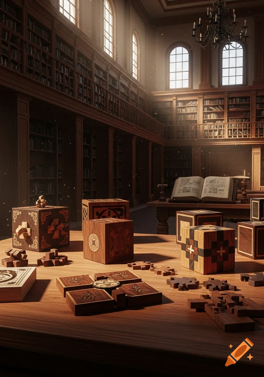 An old, sunlit library interior with tall bookshelves and a table displaying intricate handmade wooden puzzles.