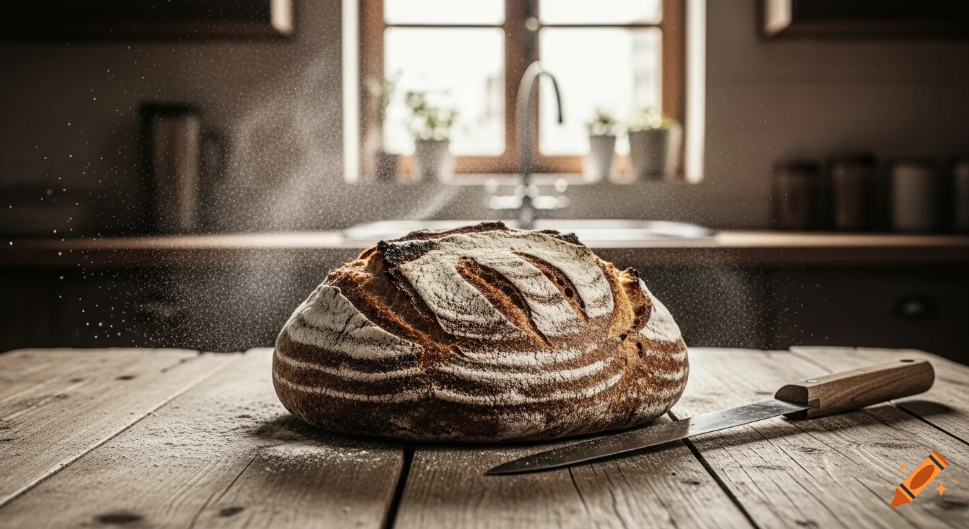A rustic, homemade loaf of bread on a flour-dusted wooden table with a knife in a sunlit kitchen.