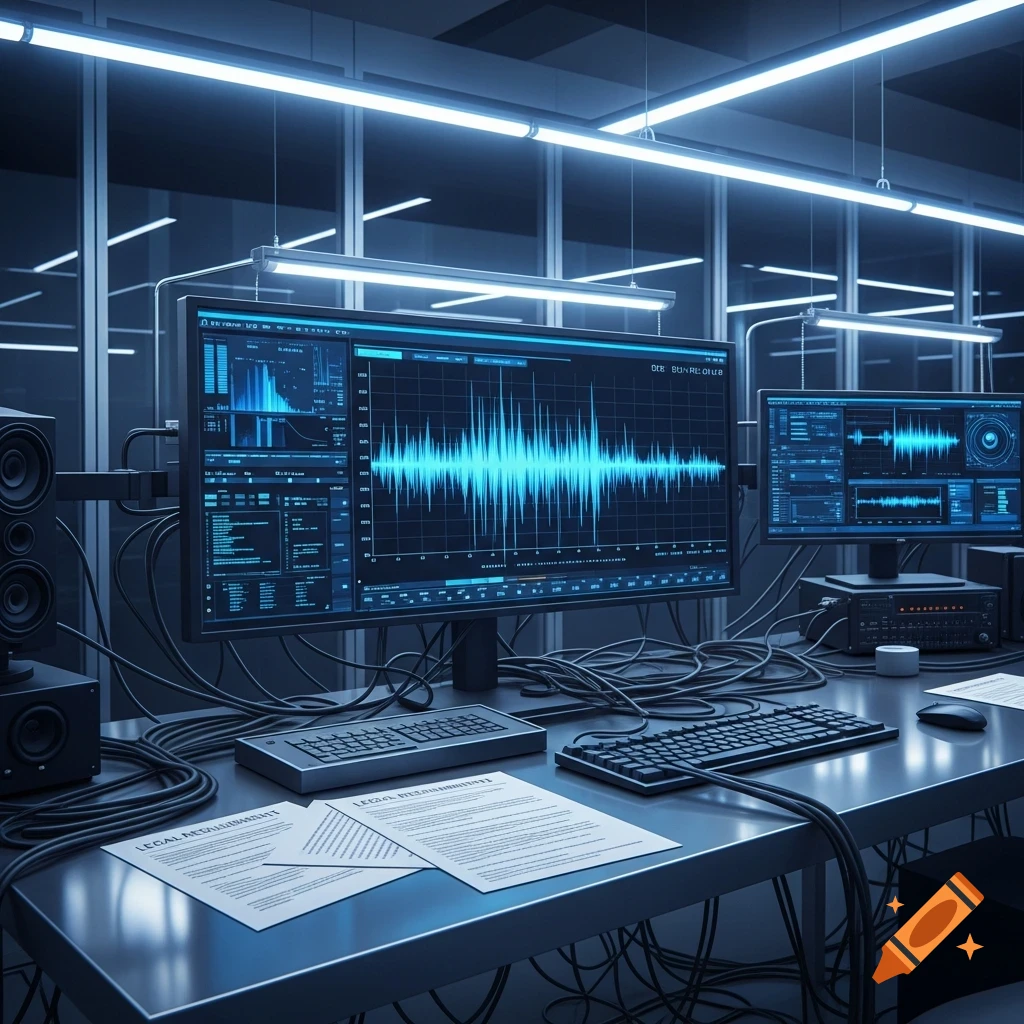 A dark, modern lab with multiple computer monitors displaying glowing blue waveform and data graphs. Keyboards, cables, and papers with illegible text are on the metallic desk.