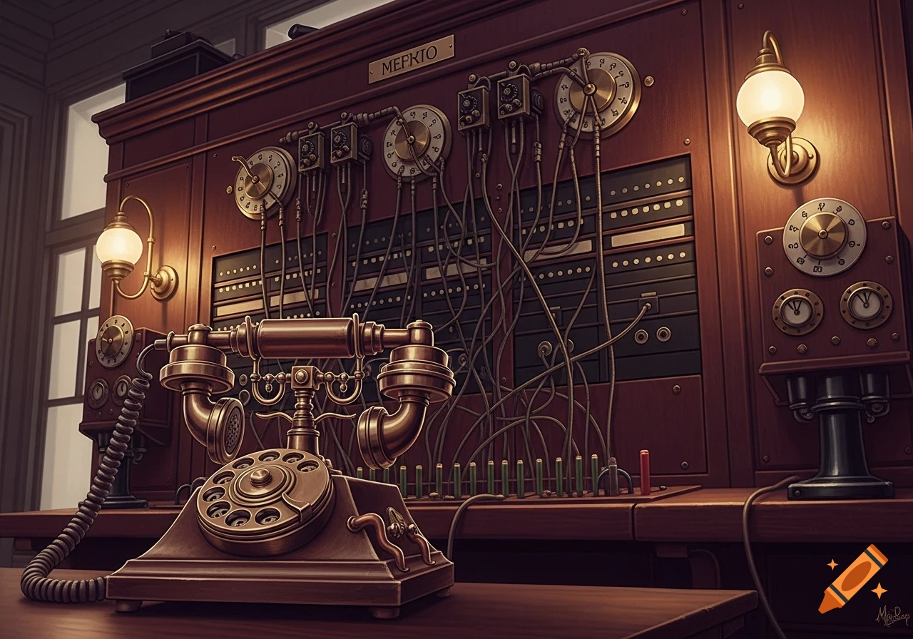 A detailed bronze steampunk telephone in front of a complex wooden old-fashioned telephone switchboard.
