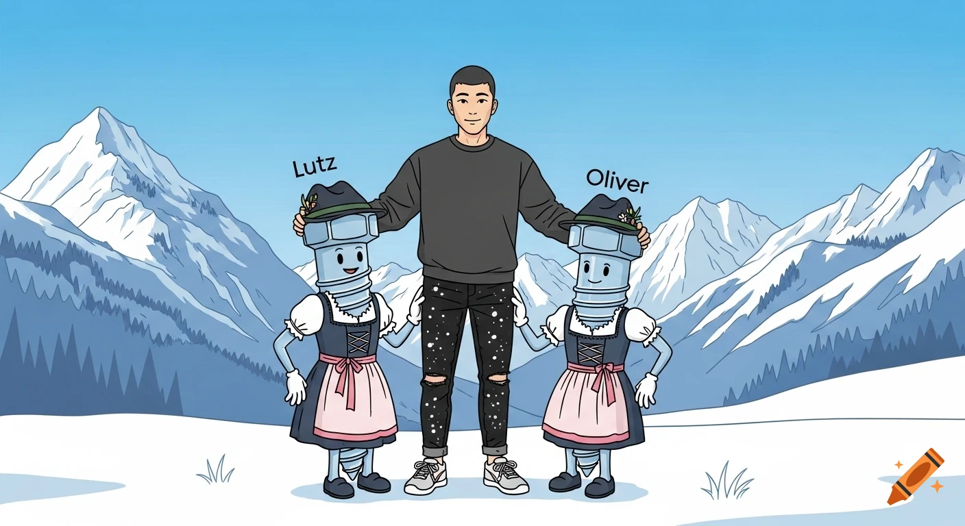 A cartoon man stands between two smiling cartoon screws dressed in dirndls, named Lutz and Oliver, in a snowy mountain panorama.