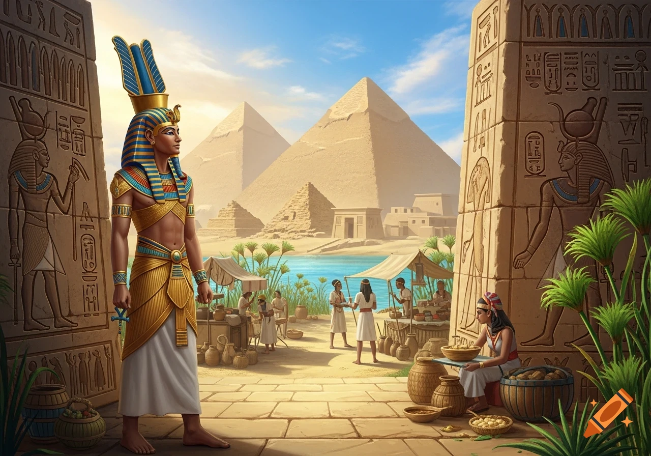 A vibrant scene of ancient Egypt with a pharaoh in the foreground, people trading by a river, and towering pyramids under a blue sky.