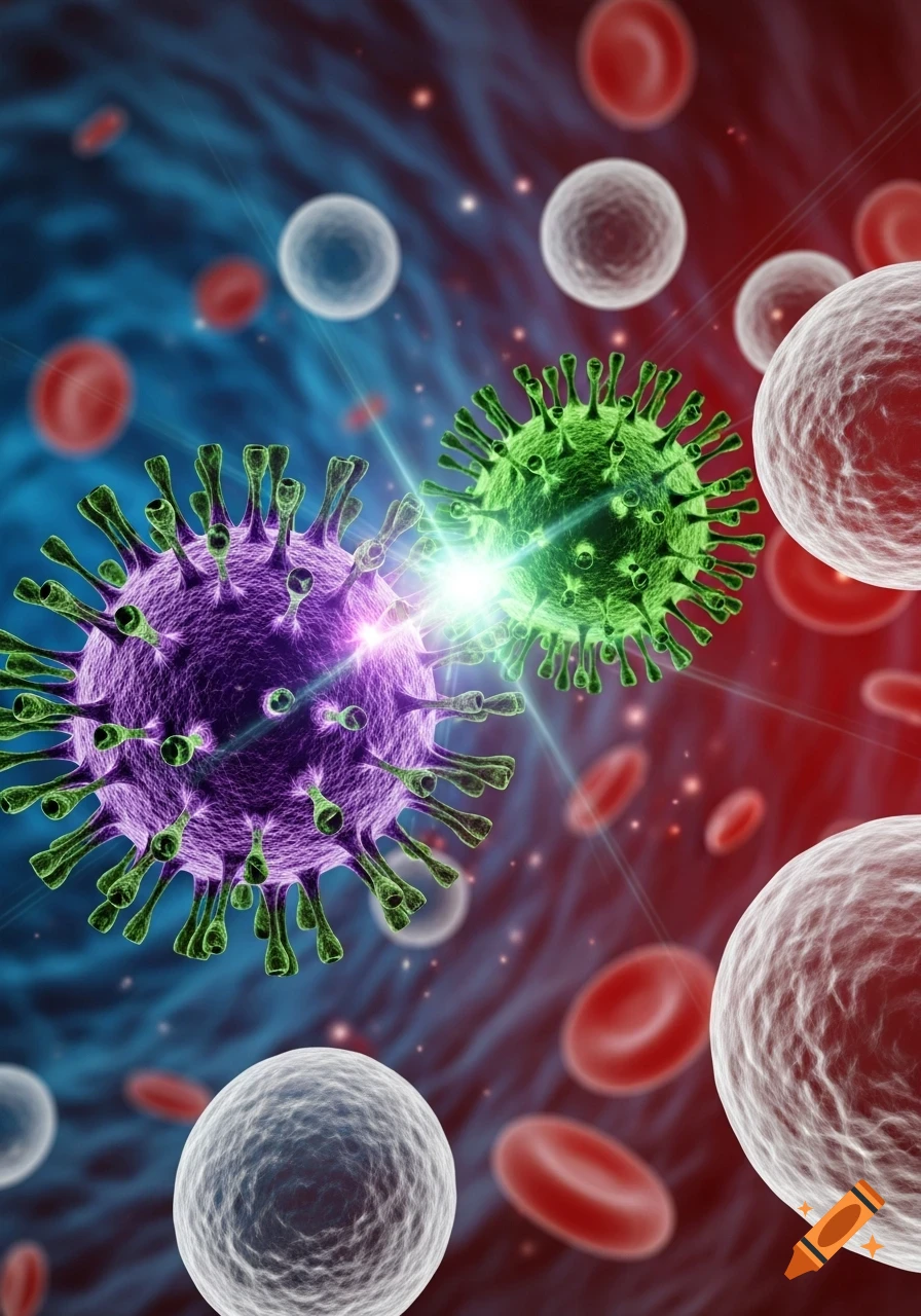 Stylized microscopic view of two viruses (purple and green) with red and white blood cells.