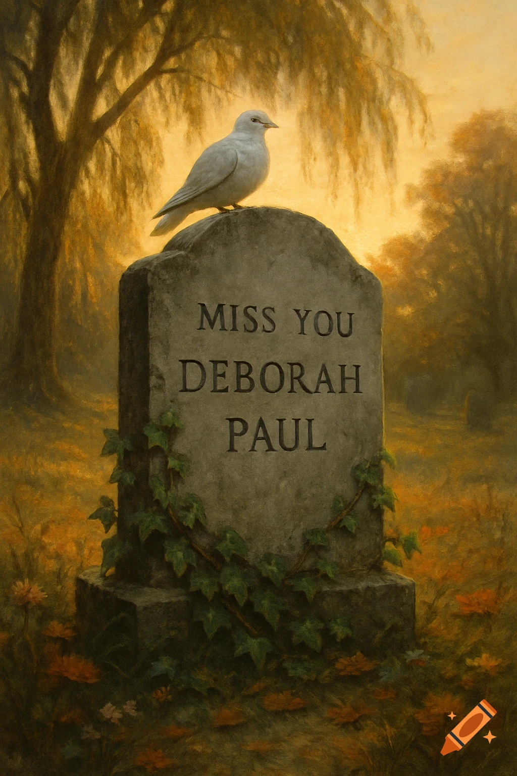 A white dove perches on a weathered tombstone inscribed "MISS YOU DEBORAH PAUL" in a golden-lit, autumnal graveyard.
