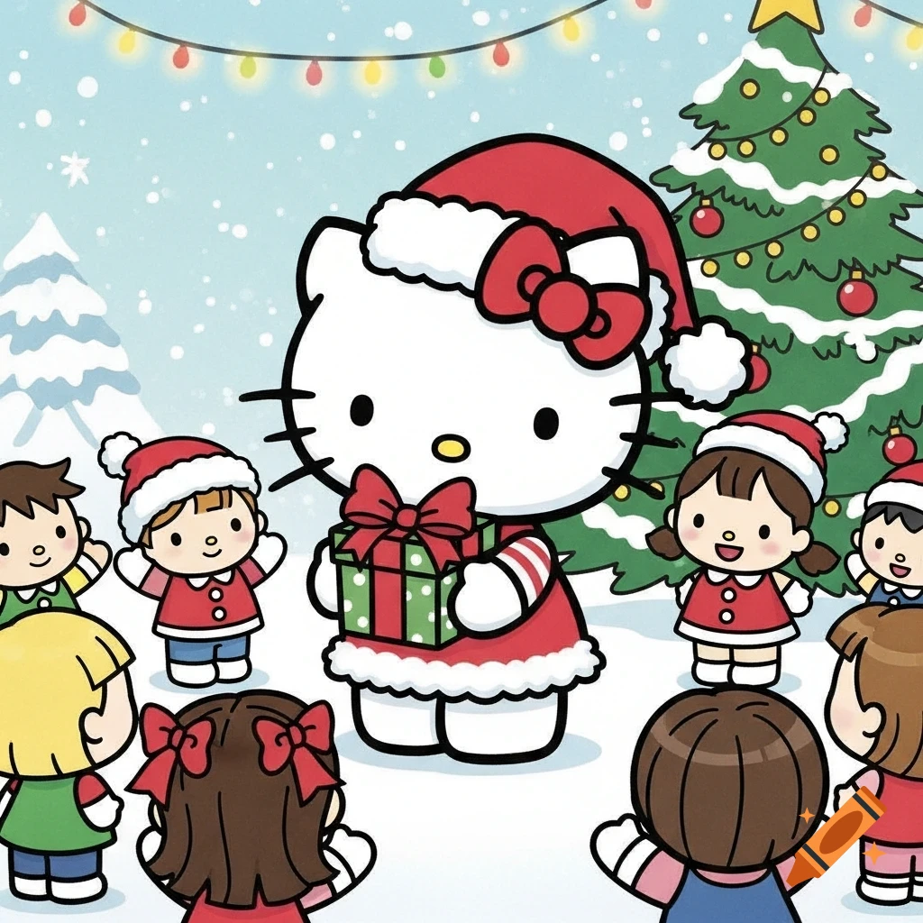 Hello Kitty in a Santa outfit holding a present for a group of small cartoon children in a snowy Christmas scene with a decorated tree.