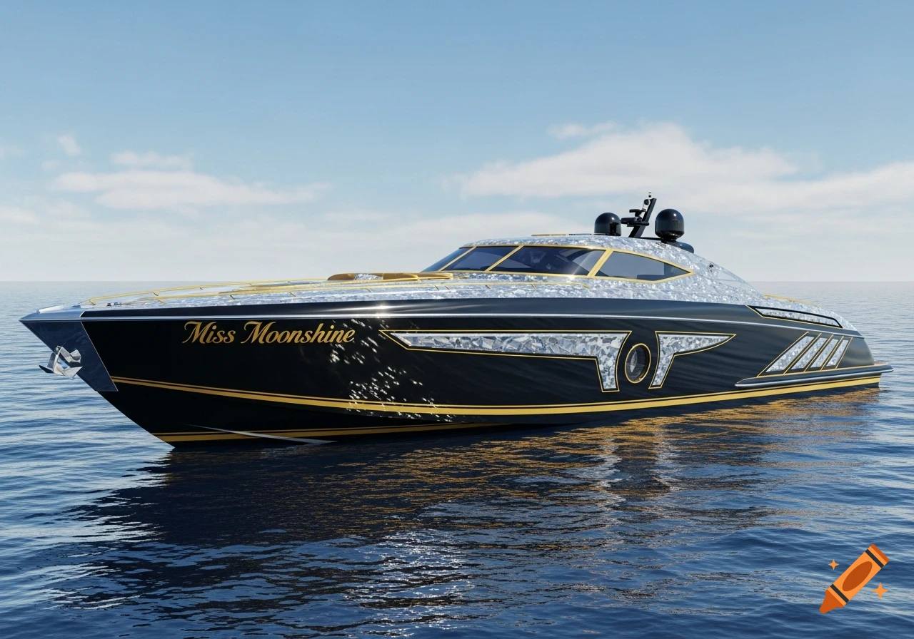 A sleek black speedboat with gold trim and crystal-like patterns on its hull, named 'Miss Moonshine', floating on blue water.