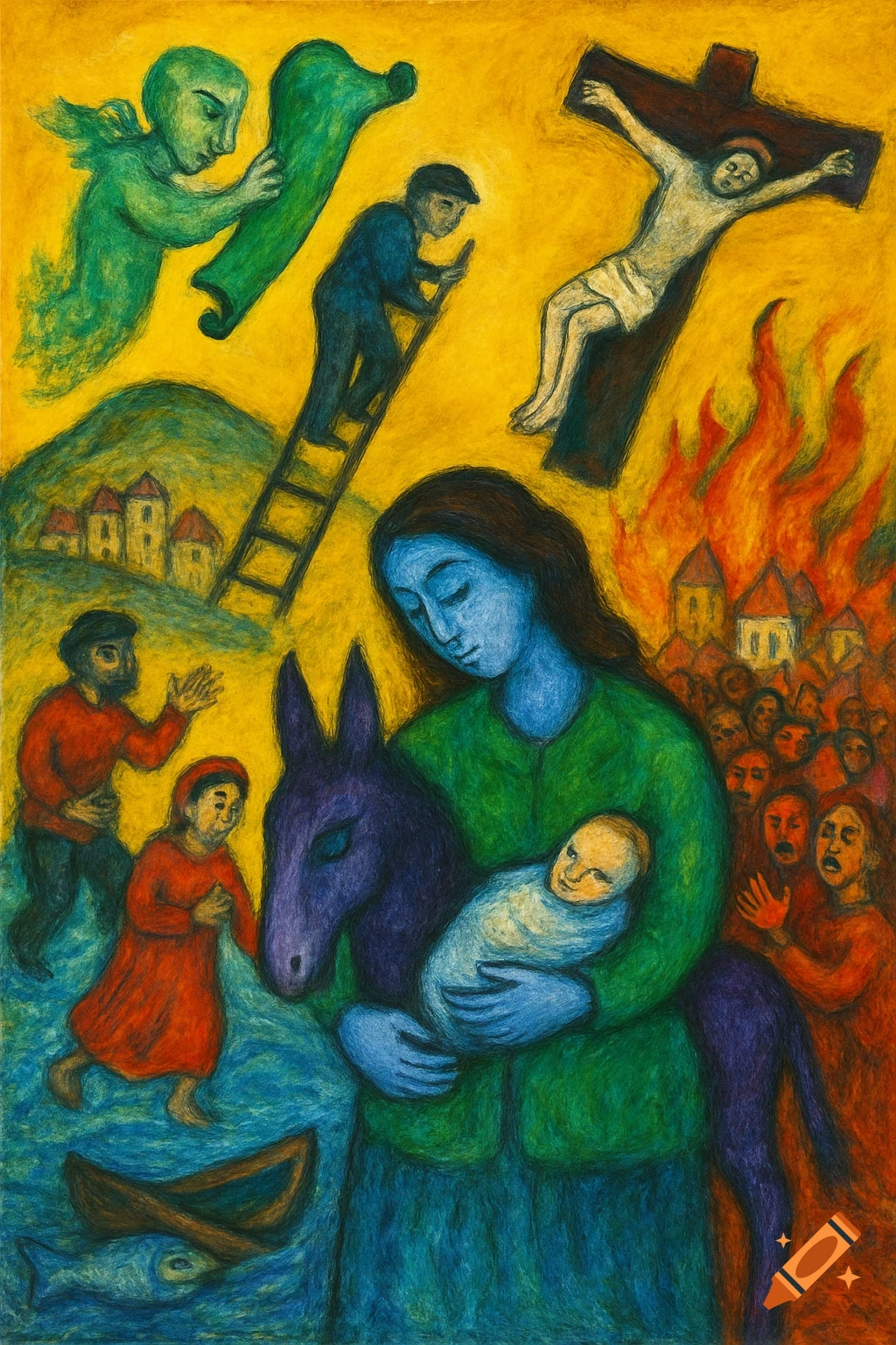 Surreal, expressionistic painting in Marc Chagall's style, depicting a blue-skinned woman with a baby on a donkey, a crucifixion, a burning village, and a green angel on a yellow background.
