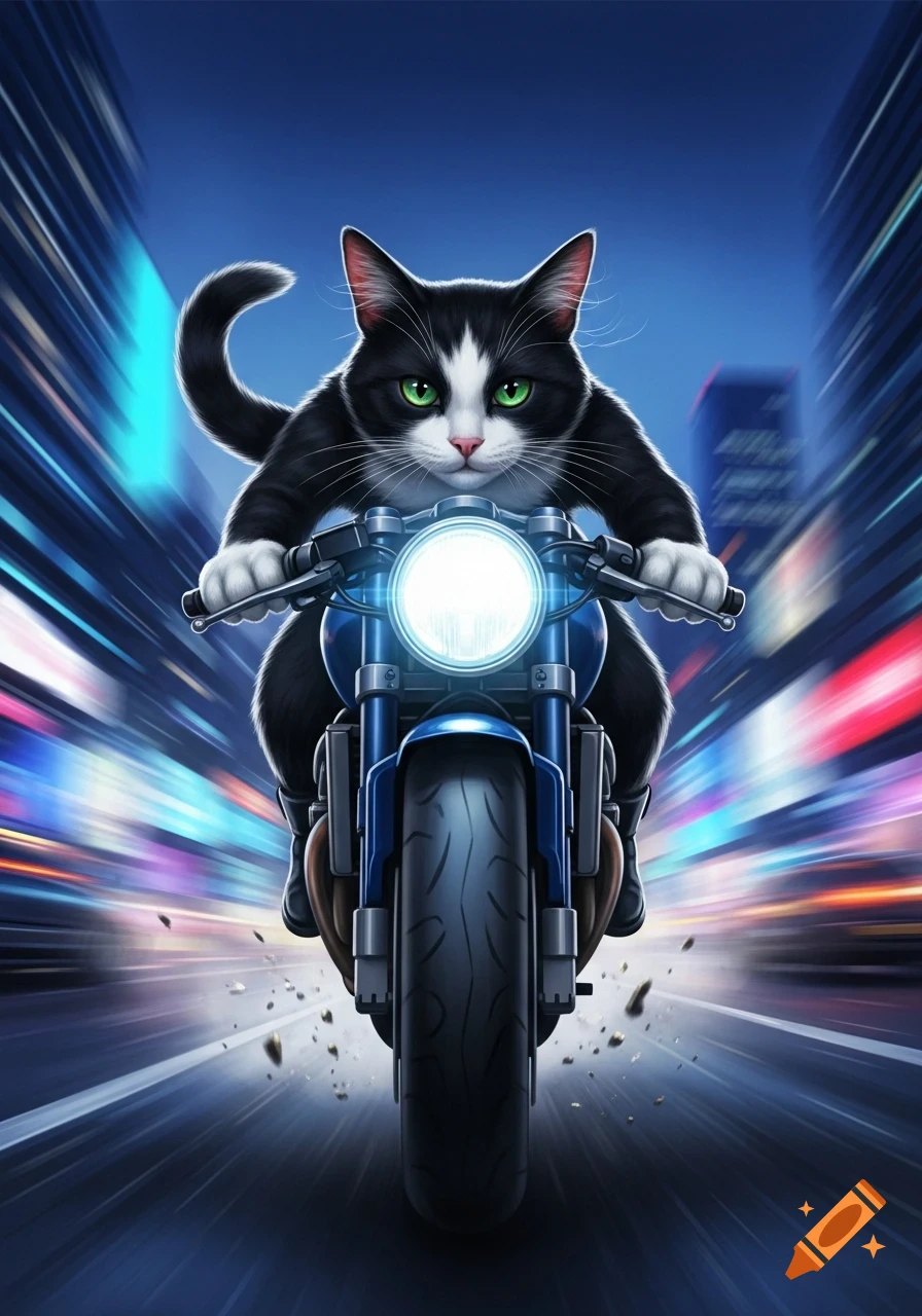 A black and white cat with green eyes rides a blue motorcycle at high speed through a city at night, with motion blur.