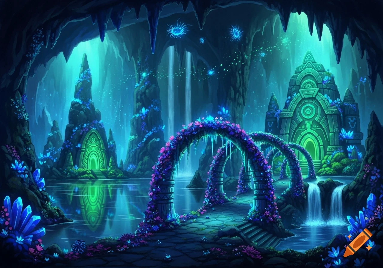 A vibrant, glowing fantasy landscape inside a cave with ancient structures, waterfalls, a reflective lake, and bioluminescent plants.