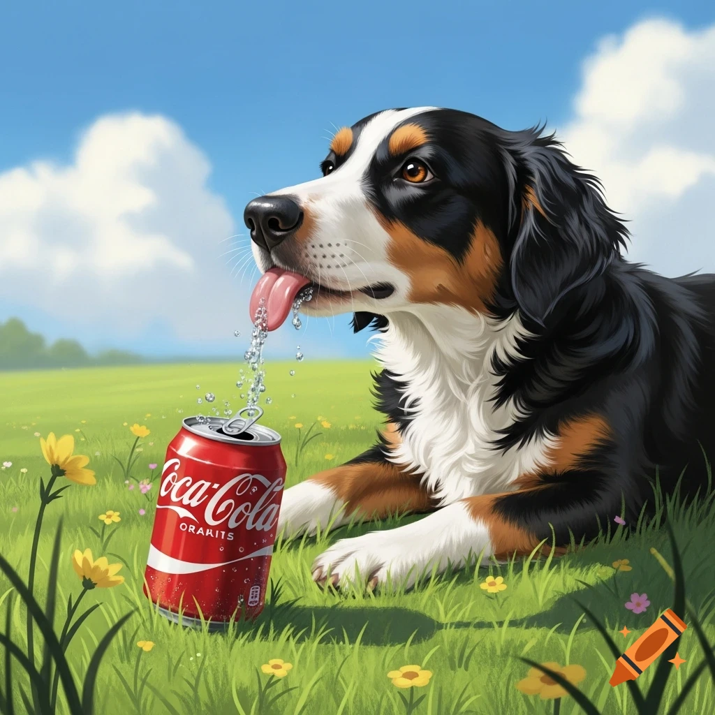 A Bernese Mountain Dog lies in a grassy field, licking water from a Coca-Cola can under a blue sky.