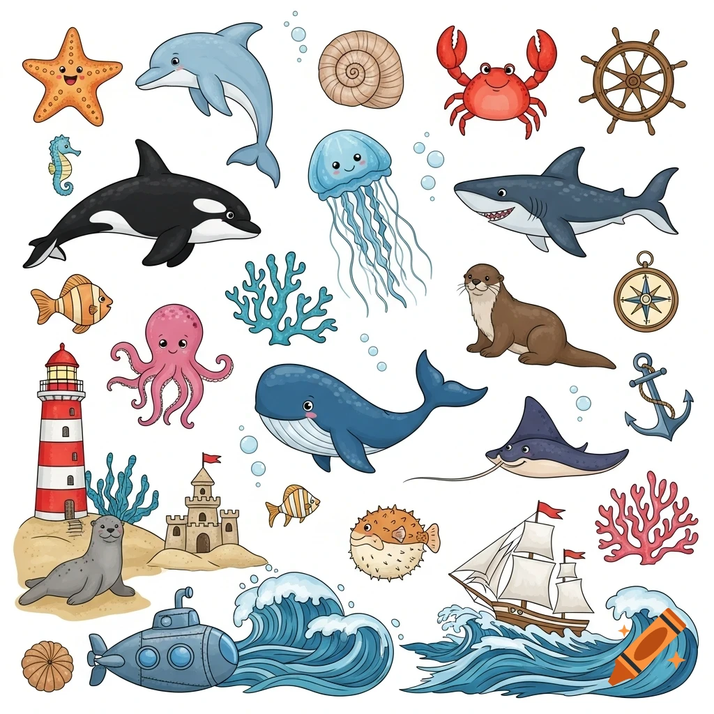 A colorful cartoon collage of sea animals and marine objects including a dolphin, whale, shark, octopus, lighthouse, and sailboat.
