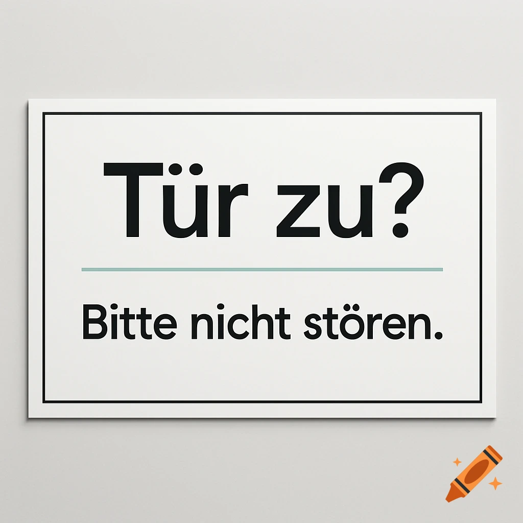 White door sign with black text 'Tür zu? Bitte nicht stören.' and a light green line, on a light grey background.